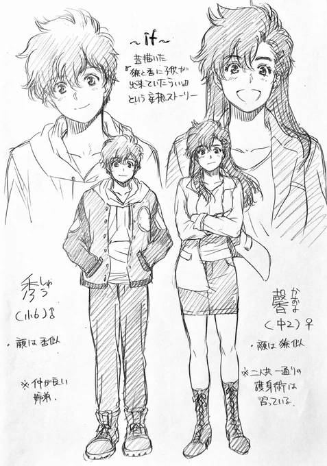 ラフ描き、CH.リョウ香 〜if〜(もしも)  昔描いた『香が生存していて、リョウと香の2人の間に子供が生まれていたら…!』の妄想ラクガキ。 過去絵見つけて久しぶりに描いた。