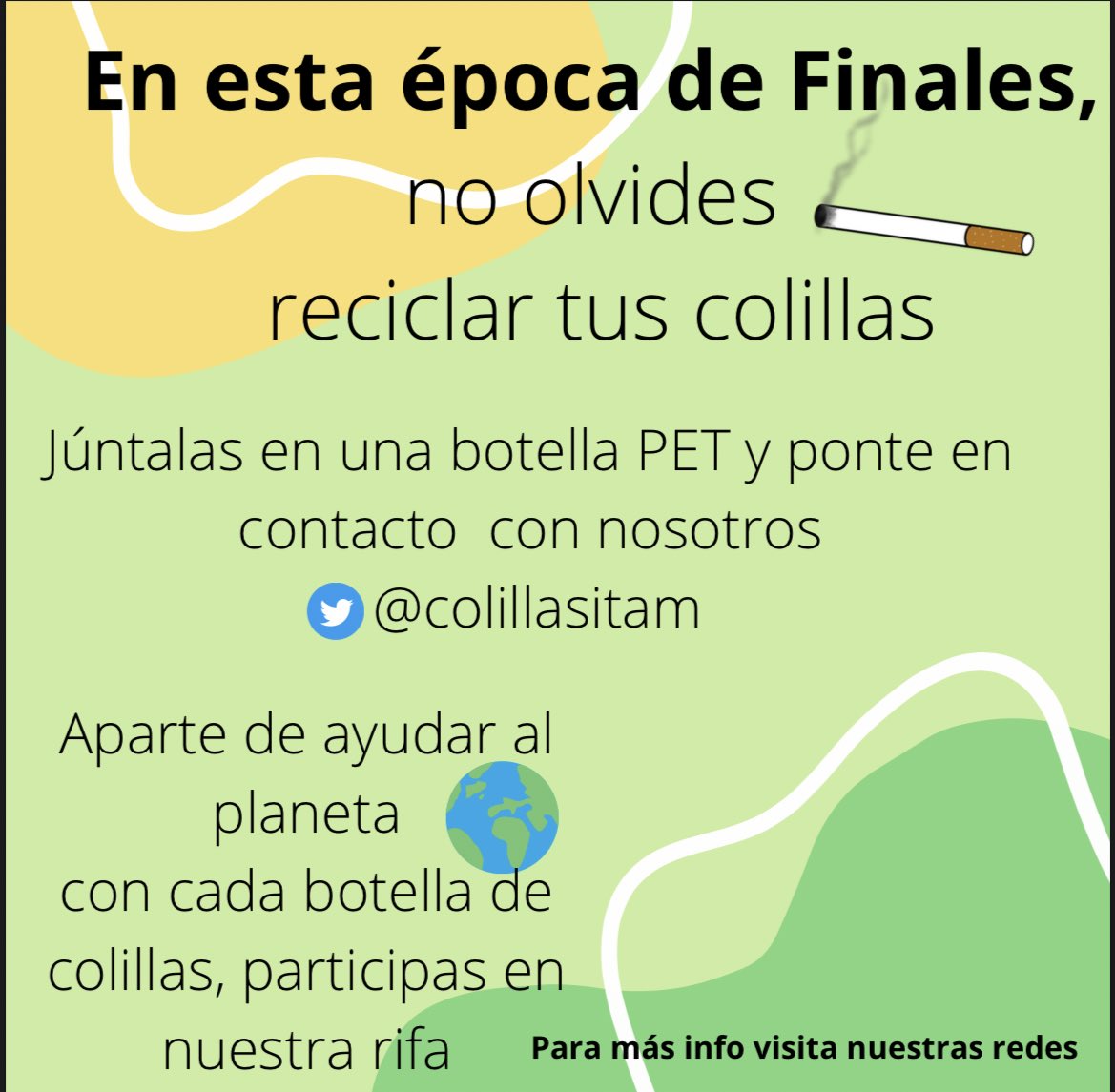 ColillasITAM's tweet photo. Estos finales recicla tus colillas y participa en nuestra rifa!
(También puedes poner tus colillas en las latas que están tanto en fumadores como en las jardineras de la entrada principal) https://t.co/aV7MjJuOz8