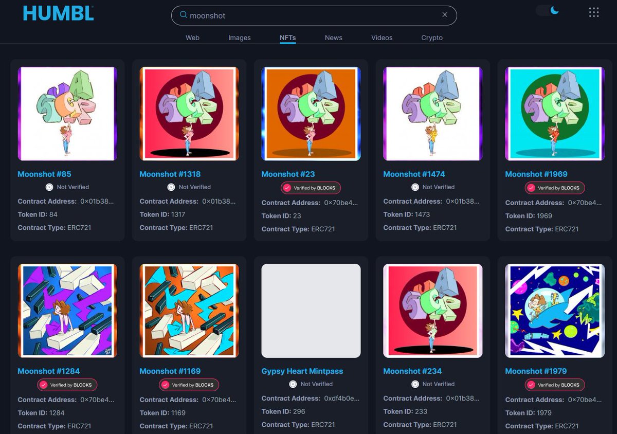 BLOCKS_DAO's tweet photo. Here is an example of how #VerifiedbyBLOCKS can protect communities from fake #NFTs!

The 'Moonshot' collection by @violettazironi is Verified by @BLOCKS_DAO but as you can see on https://t.co/rYNa84XoRI, there are some not showing verified &amp; these are fake collections!

#HUMBL https://t.co/KUSnfU7cbn