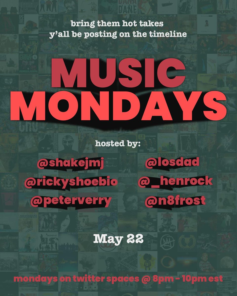 May 22nd we're back for #MusicMondays

@shakejmj @n8frost @Losdad @_henrock @PeterVerry