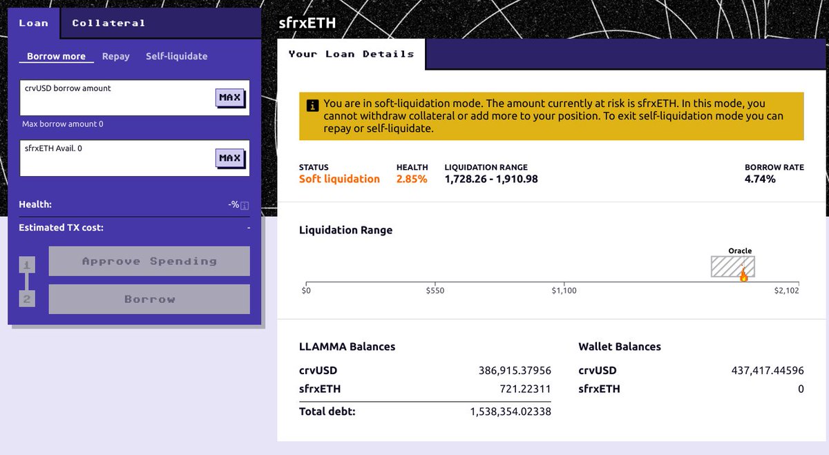 CurveFinance's tweet image. Unlike traditional borrowing, you can be in liquidation and back if price of collateral goes up. For example, here a position with 1.5M crvUSD loan was in "soft liquidation" for around 3 days and lost 0.5% of the collateral value due to that (this position is live now btw)