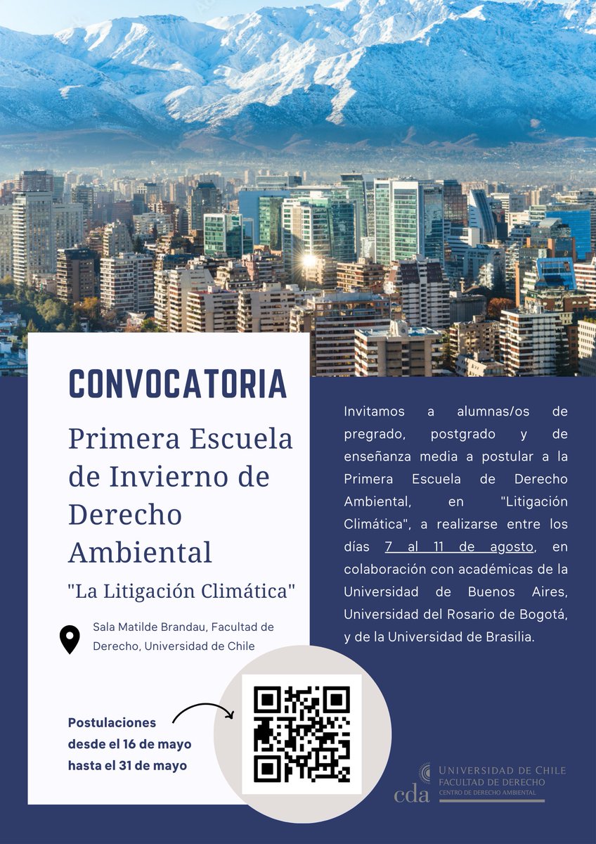 ❄️ #EscuelaInviernoAmbiental ¡Entre el lunes 7 y el viernes 11 de agosto, tendrá lugar la «Primera Escuela de Invierno de #DerechoAmbiental: La #LitigaciónClimática» en la Sala Matilde Brandau de @DerechoUChile! Conoce este proyecto y postula ahora en forms.gle/rSBow7qqasxAWR…