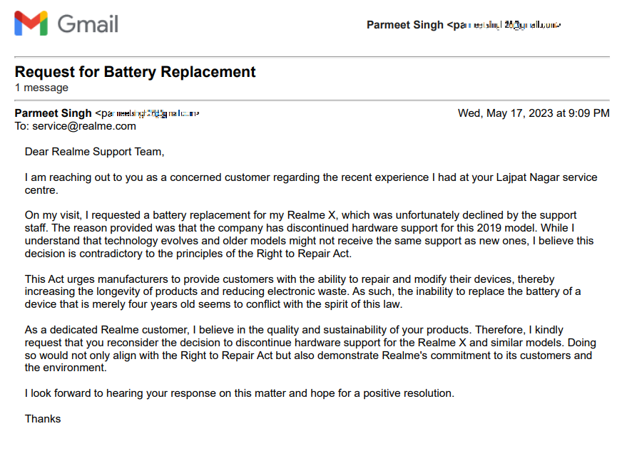 ParmeetSingh26's tweet photo. 📣@realmeIndia , Faced issues at your Lajpat Nagar center. They denied a battery replacement for my #RealmeX, saying it is a 2019 model. Isn't this against #RightToRepair Act? We need lasting devices, not planned obsolescence. #ConsumerRights @jagograhakjago
@BandBajaateRaho https://t.co/s8puN2oOye