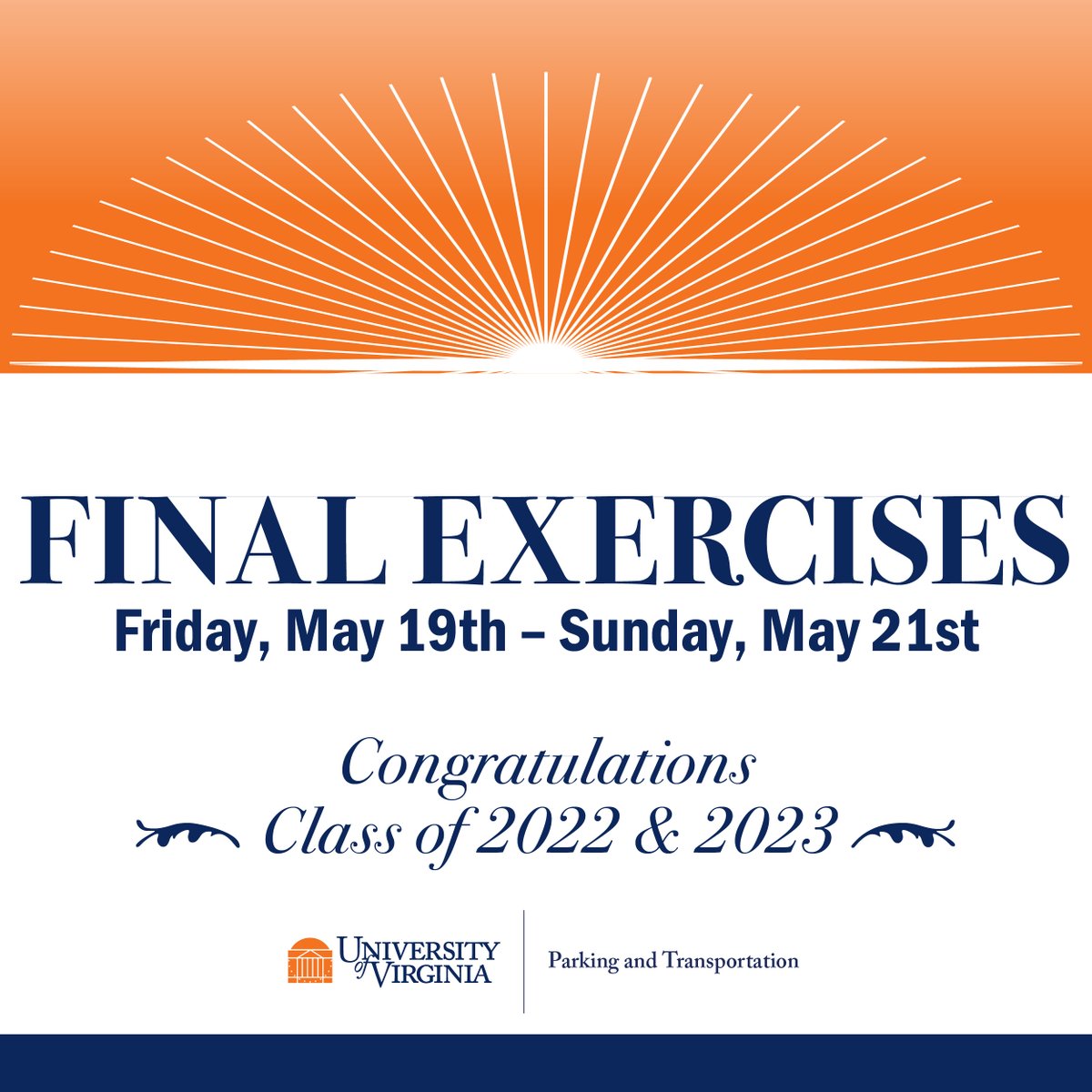 University Transit Service (@uvauts) on Twitter photo We look forward to seeing you this weekend for Final Exercises!
Be sure to follow <a href="/UVA_Events/">Major Events Office</a> and visit majorevents.virginia.edu/finals for more details.
Text “ptevents” to 434-939-4307 for parking and transportation related updates during the events. We look forward to seeing you this weekend for Final Exercises!
Be sure to follow <a href="/UVA_Events/">Major Events Office</a> and visit majorevents.virginia.edu/finals for more details.
Text “ptevents” to 434-939-4307 for parking and transportation related updates during the events.