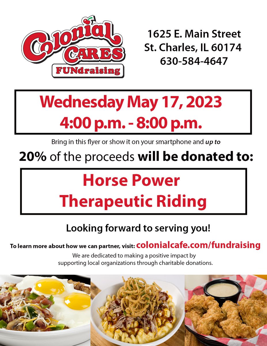 Come support Horse Power Therapeutic Riding
Tonight at our St. Charles location. Hope to see you there!
#colonialcafes #colonialcaresfundraising #stcharlesil #horsepowertherapeuticriding