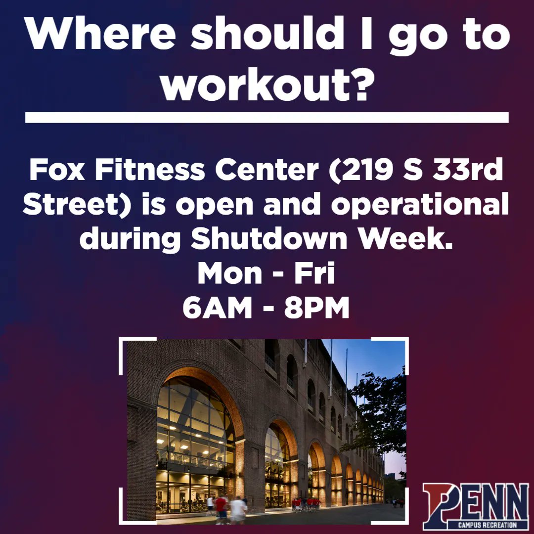 PennCampusRec's tweet image. Shutdown week is quickly approaching! Shutdown Week is the week where Pottruck is closed due to maintanence, cleaning, and renovations ,but we still have Fox Fitness open for use. 

If you have any questions please feel free to reach out.

#PennRec #CampusRecreation #Maintanence