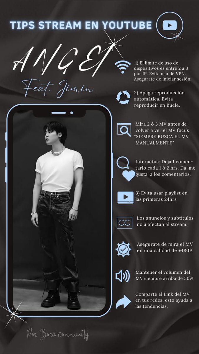 I_love_TaeKoo's tweet photo. Tips para un buen stream para el próximo lanzamiento de Angel. Comparte para que lleguemos a las metas!
#Jimin #Angel #Boracommunity https://t.co/44UAvKX99I