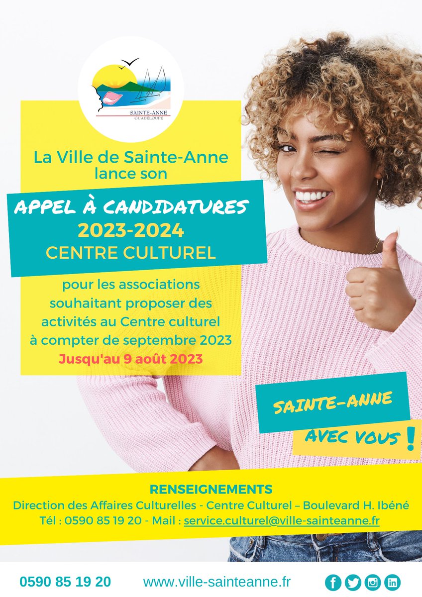 #Associations #AppelACandidature | Vous êtes une association ? Pour proposer une activité au Centre culturel pour la saison 2023/2024, rdv sur le site de la Ville : bit.ly/3IfwMJk

Infoline : 0590 85 19 20