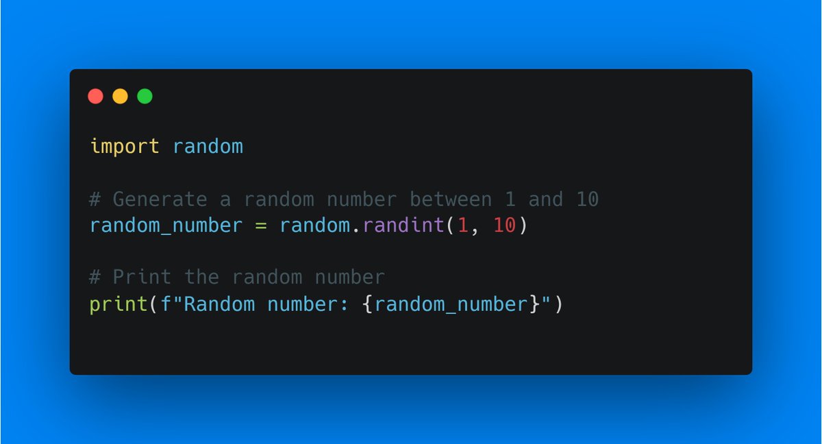 hasnatibbi's tweet image. Generate random numbers in Python. It&apos;s a handy utility when you need to introduce randomness into your programs. #Python #RandomNumber #CodingSnippet