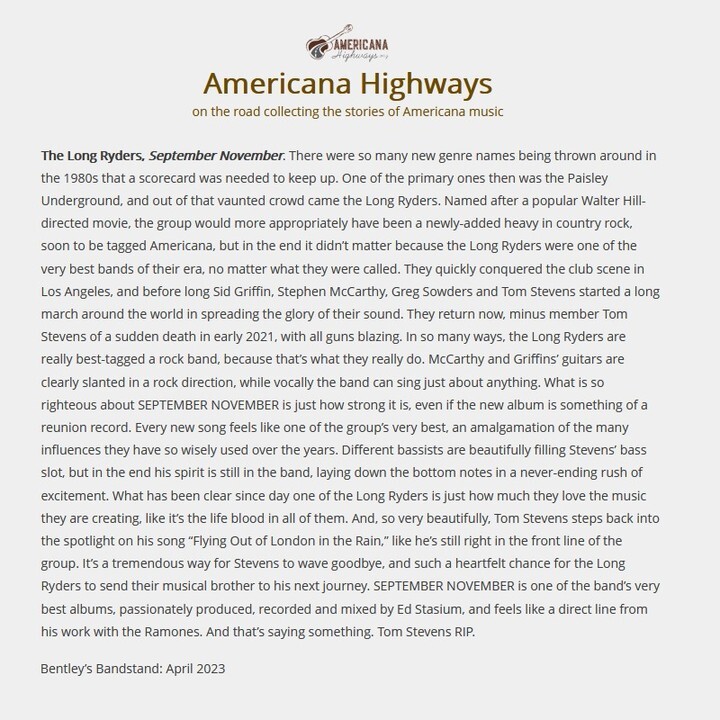 thelongryders's tweet photo. Please check out this fine, fine write up on September November by Bill Bentley for his @americanahighways Bentley’s Bandstand column 👏

#SeptemberNovember #BentleysBandstand #Americana #PaisleyUnderground #CherryRedRecords #TomStevens #OnTour #TheLo… https://t.co/XVoUabibzx https://t.co/xegAszZjoQ