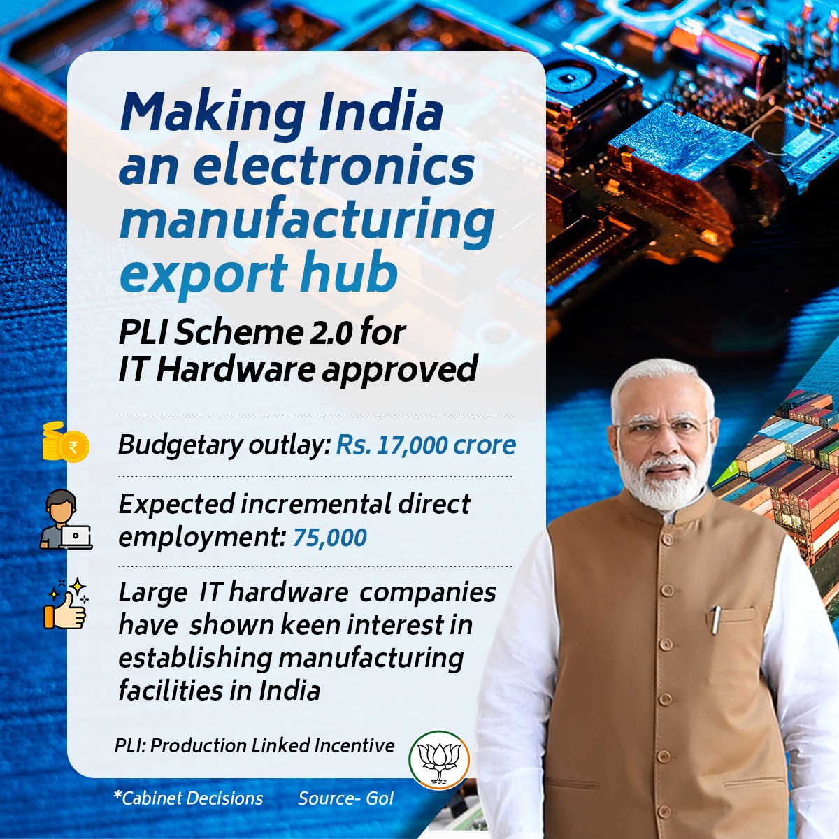 The PLI Scheme is helping India emerge as a major electronics manufacturing country under the leadership of PM Modi.

#CabinetDecisions