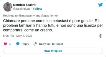 FSimunde's tweet photo. @ScaltritiLab Il premio "è meglio che sto zitto, perché non ho niente da insegnare a nessuno", lo hai vinto tu, #MaurizioScaltriti, definendo "metastasi" un utente, in veste di ricercatore in tale campo.

Te lo dici da solo, @ScaltritiLab,  che sei cretino, o serve che qualcuno te lo scriva? https://t.co/Qy1LIvHpnS