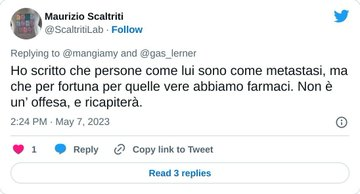 FSimunde's tweet photo. @ScaltritiLab Il premio "è meglio che sto zitto, perché non ho niente da insegnare a nessuno", lo hai vinto tu, #MaurizioScaltriti, definendo "metastasi" un utente, in veste di ricercatore in tale campo.

Te lo dici da solo, @ScaltritiLab,  che sei cretino, o serve che qualcuno te lo scriva? https://t.co/Qy1LIvHpnS