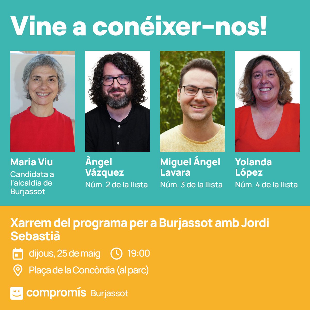 📣 [Acte central]
Et convidem al nostre acte central de campanya, parlarem del nostre programa i et presentarem la nostra candidatura amb un mestre de cerimònies que sap el que és governar a Burjassot, <a href="/sebastia_jordi/">Jordi Sebastià</a>

📆 Dijous 25 de maig 
⏰ 19h
📍 Plaça de la Concòrdia (parc)