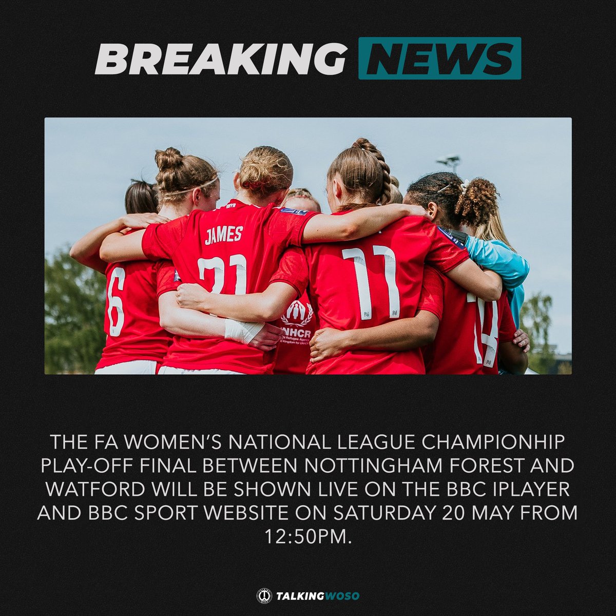 𝗟𝗜𝗩𝗘 | FA WNL PLAY-OFF FINAL 

The <a href="/FAWNL/">FA Women's National League</a> Championship play-off final between <a href="/NFFCWomen/">Nottingham Forest Women</a> and <a href="/WatfordFCWomen/">Watford FC Women</a> will be shown live on the BBC iPlayer and BBC Sport website on Saturday 20 May from 12:50, with kick-off at 13:00.

📸 <a href="/NFFCWomen/">Nottingham Forest Women</a>