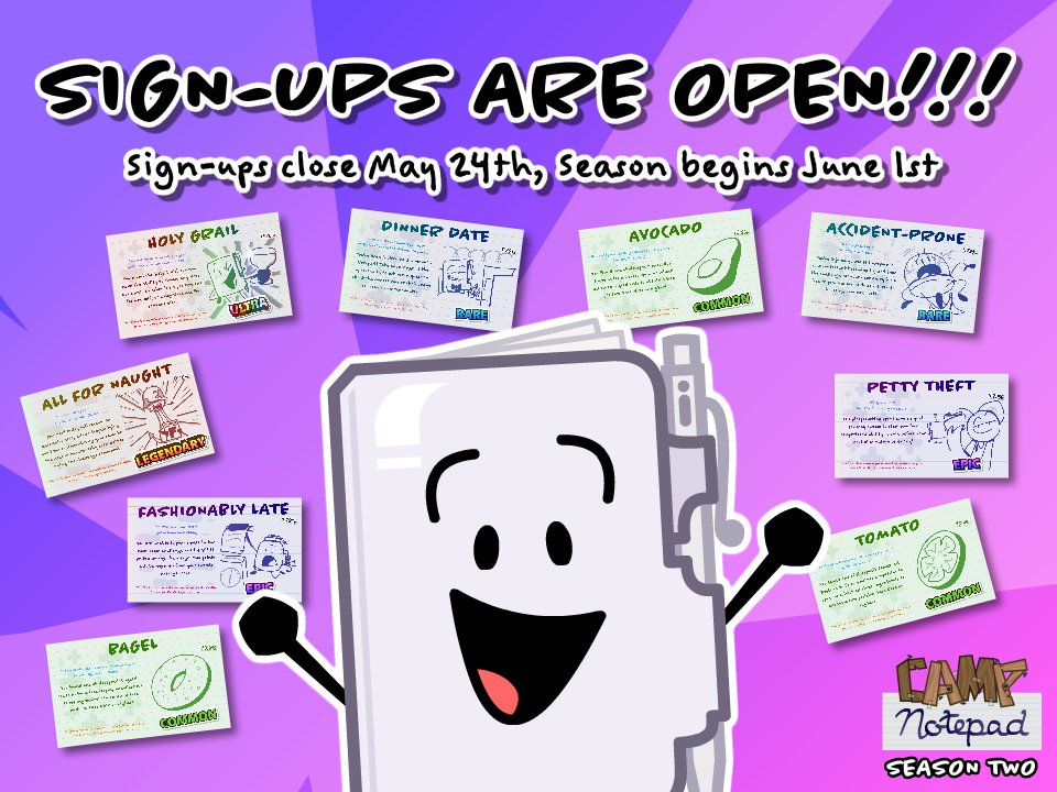 DanDaMiniFig's tweet photo. 🔥 #CampNotepad S2 SIGN-UPS ARE NOW OPEN THRU MAY 24TH @ 5PM EDT!!! JOIN WHILE IT'S STILL HOT! 🔥
Updated camp rules, info, and server link down below!
#osc #osccamp https://t.co/PEUYtKhCaI