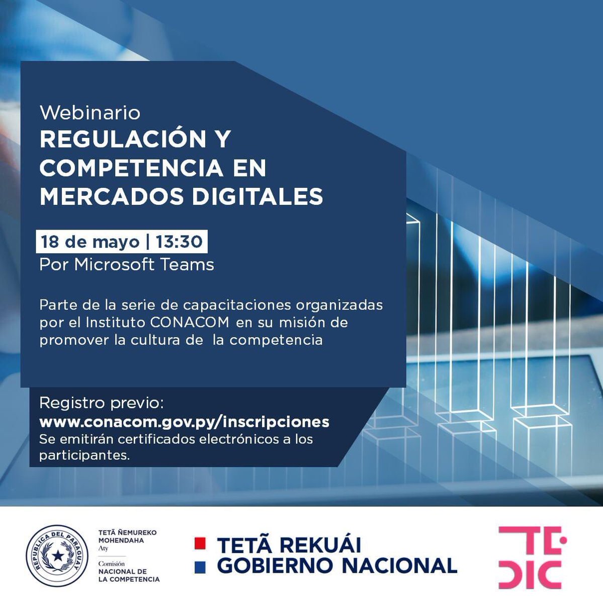 conacompy's tweet photo. Mañana realizaremos el webinario "Regulación y competencia en mercados digitales", abierto al público, en el que expertos hablarán sobre los desafíos en la materia

📆18 de mayo
⏰13:30
✍️Registro previo: https://t.co/PYrK1eSERY https://t.co/S9wMQUfGYd