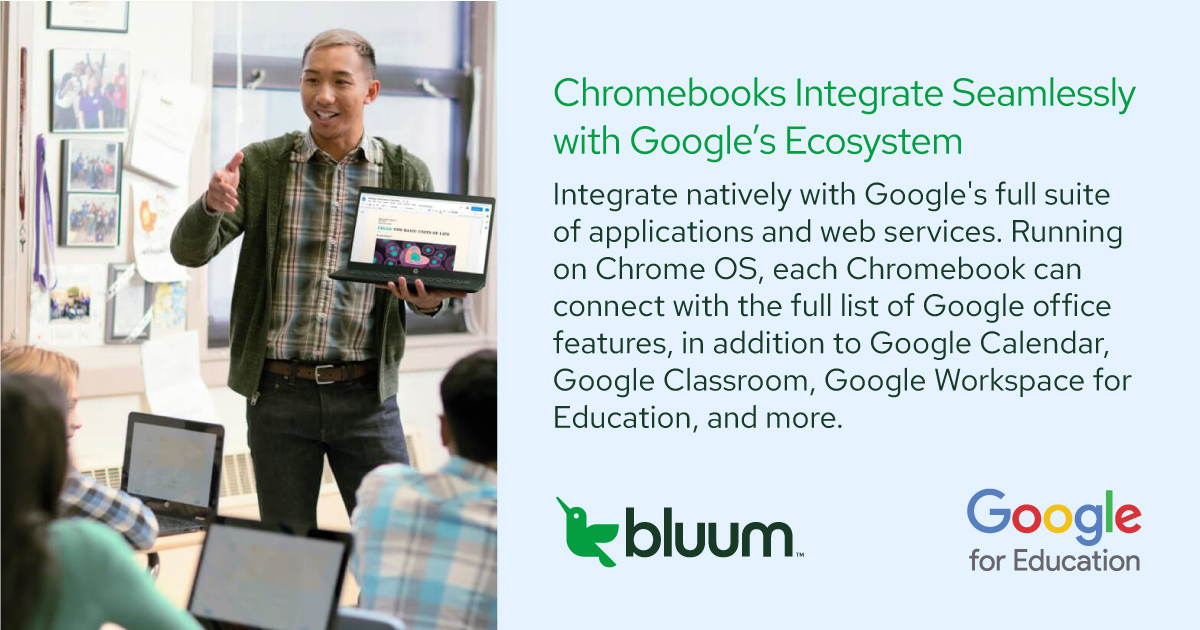 Google's Chromebook integrates natively with Google's full suite of applications and web services. Running on Chrome OS, each Chromebook can connect with the full list of Google office features. bit.ly/410CMwc