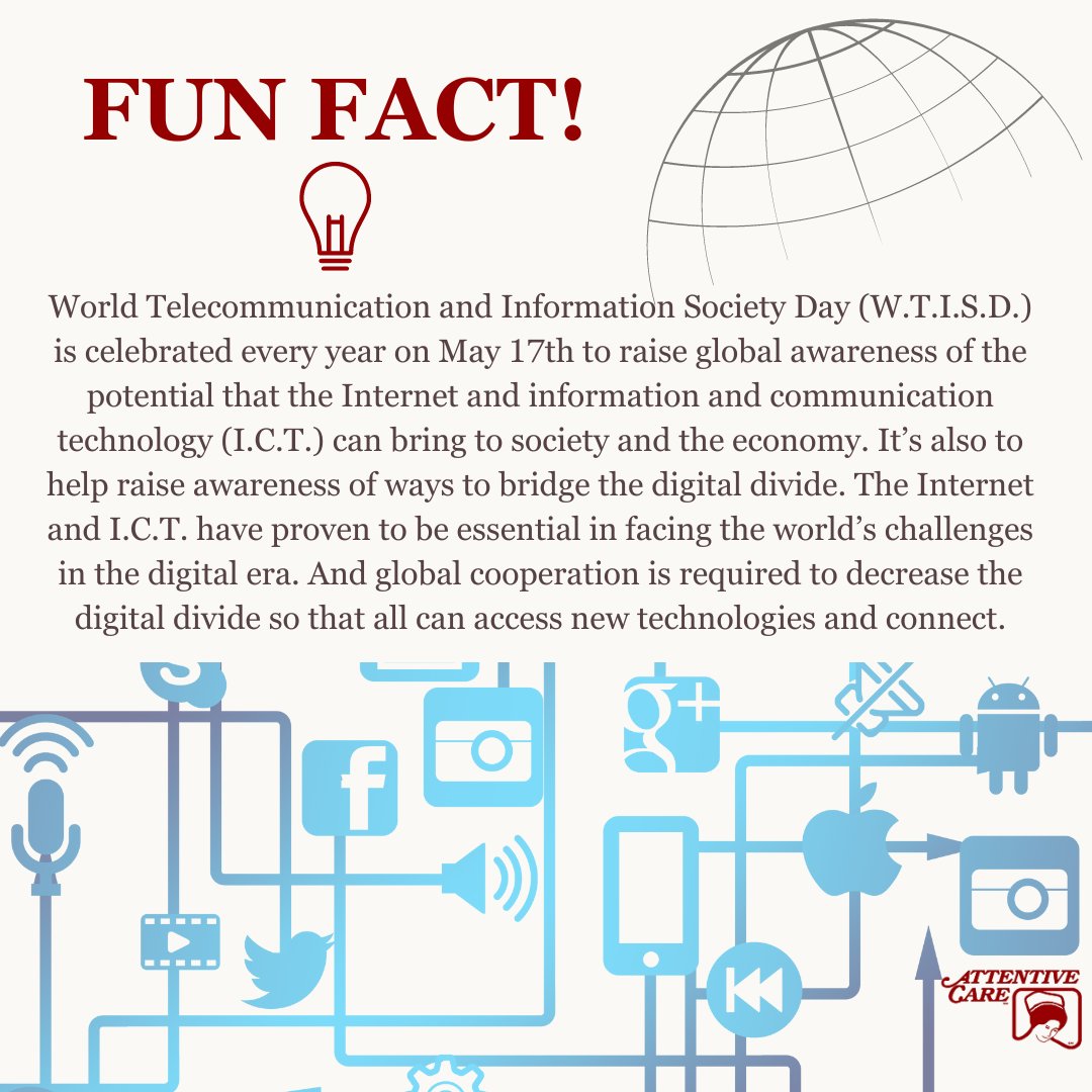 AttentiveCareNY's tweet image. Happy World Telecommunication and Information Society Day! How has technology impacted your life?
#Funfact #didyouknow