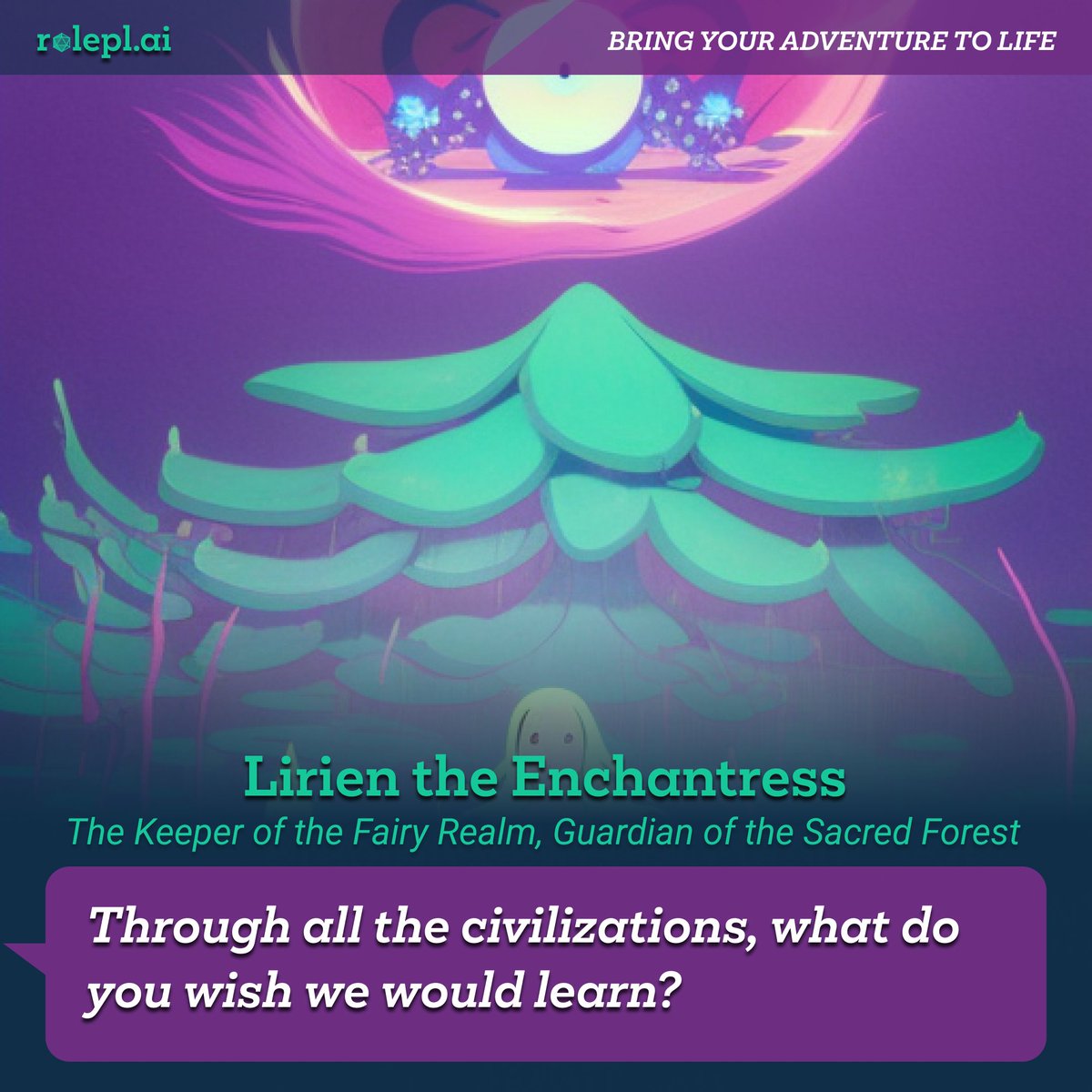 rolepl_ai's tweet photo. Magic lingers in every leaf and stream in our realm. Share a tale of how you would use the fairy magic to maintain balance. Be warned - magic is not a toy! #roleplay #TTRPG #Zelda #dungeonmaster #RPG #roleplai 🌿✨ https://t.co/694O3bc43q