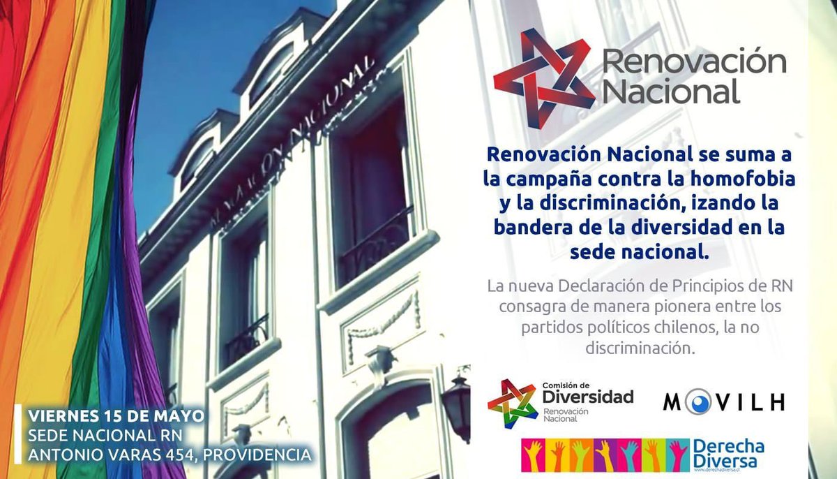 DiversidadRN's tweet photo. Hace 8 años en @RNchile marcamos un hito en la historia de la derecha en Chile. Hoy 17 de mayo del 2023 en el #DiaContraLaLGTBIfobia le recordamos a @chahuan la deuda con la diversidad dentro del sector, personas que lo apoyaron para llegar a ser presidente del partido. https://t.co/3PDRlkuhUb