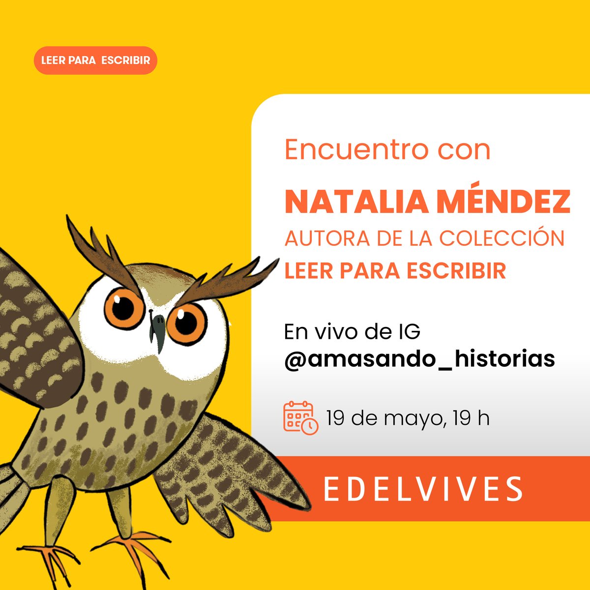 📆 El viernes 19 de mayo a las 19 h, desde el Instagram de @amasando_historias, se encontrarán con Natalia Méndez para conversar sobre la colección 📚 𝐋𝐞𝐞𝐫 𝐩𝐚𝐫𝐚 𝐞𝐬𝐜𝐫𝐢𝐛𝐢𝐫, nuestros títulos de libros-taller para aprender y practicar la escritura creativa 🖋️👏🏼.