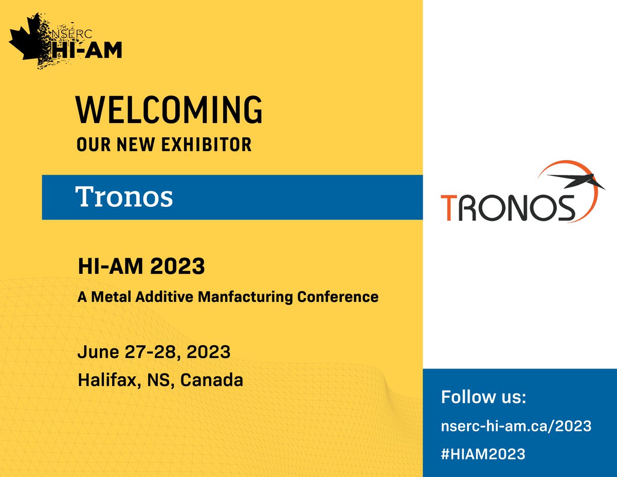 Excited to announce Tronos as an exhibitor at our conference! Tronos specializes in aircraft trading, MRO facilities, and AM of aerospace products. 
Visit our website for more information: nserc-hi-am.ca/2023
#Exhibtion #Conference #AdditiveManufacturing #3DPrinting