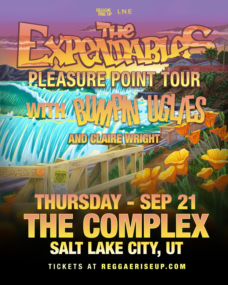NEW Reggae Show!🌊 @TheExpendables are bringing the Pleasure Point Tour to @ComplexSLC 🎸SEP 21ST! 

With @BumpinUglies + @clairewright 🌼 

💨 Head to @ReggaeRiseUp to Enter to WIN 4 TIX!

On Sale FRI @ 11AM (MT)🔀 LiveNiteEvents.com 

#TheExpendables #ReggaeRiseUp #LNE