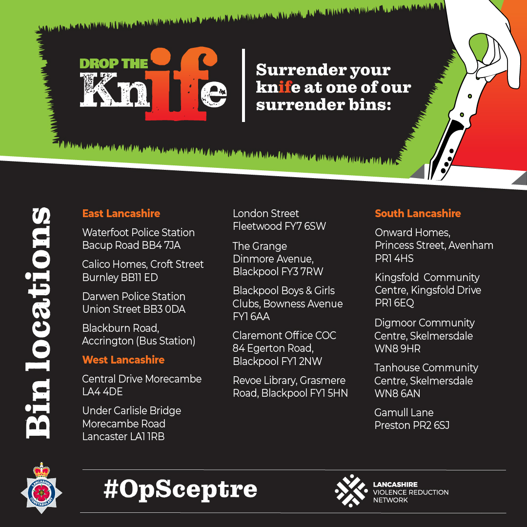 We've installed knife bins across Lancashire to keep knives off the street and keep people safe. 

These containers are a safe and secure way to dispose of unwanted knives. 🔪🗑️

#BinTheKnife 
#OpSceptre #droptheknife 
#KnifeCrimeAwarenessWeek