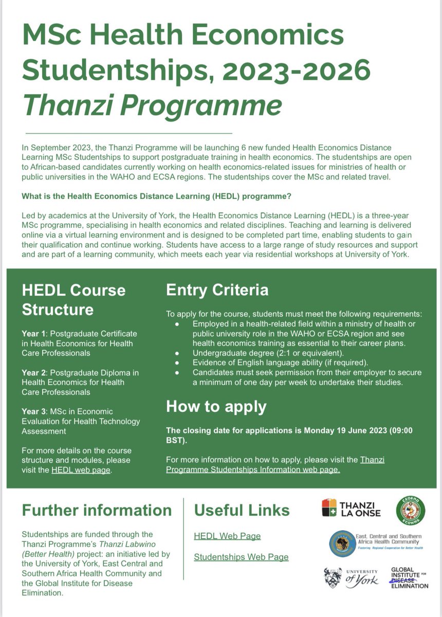 Edith Milanzi, PhD (@ebmilanzi) on Twitter photo 6 fully funded distance learning Msc Health Economics studentships are being offered under the Thanzi Programme at Uni of York. Specifically for African-based candidates working for Ministries of health or public universities.
Find more information here globalhealtheconomics.tghn.org/training/msc-s… 6 fully funded distance learning Msc Health Economics studentships are being offered under the Thanzi Programme at Uni of York. Specifically for African-based candidates working for Ministries of health or public universities.
Find more information here globalhealtheconomics.tghn.org/training/msc-s…