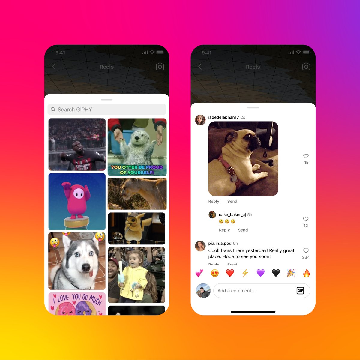 Commenting with GIFs >>>

You can now post a GIF (from @GIPHY) as a comment on all posts and Reels on Instagram 🌟