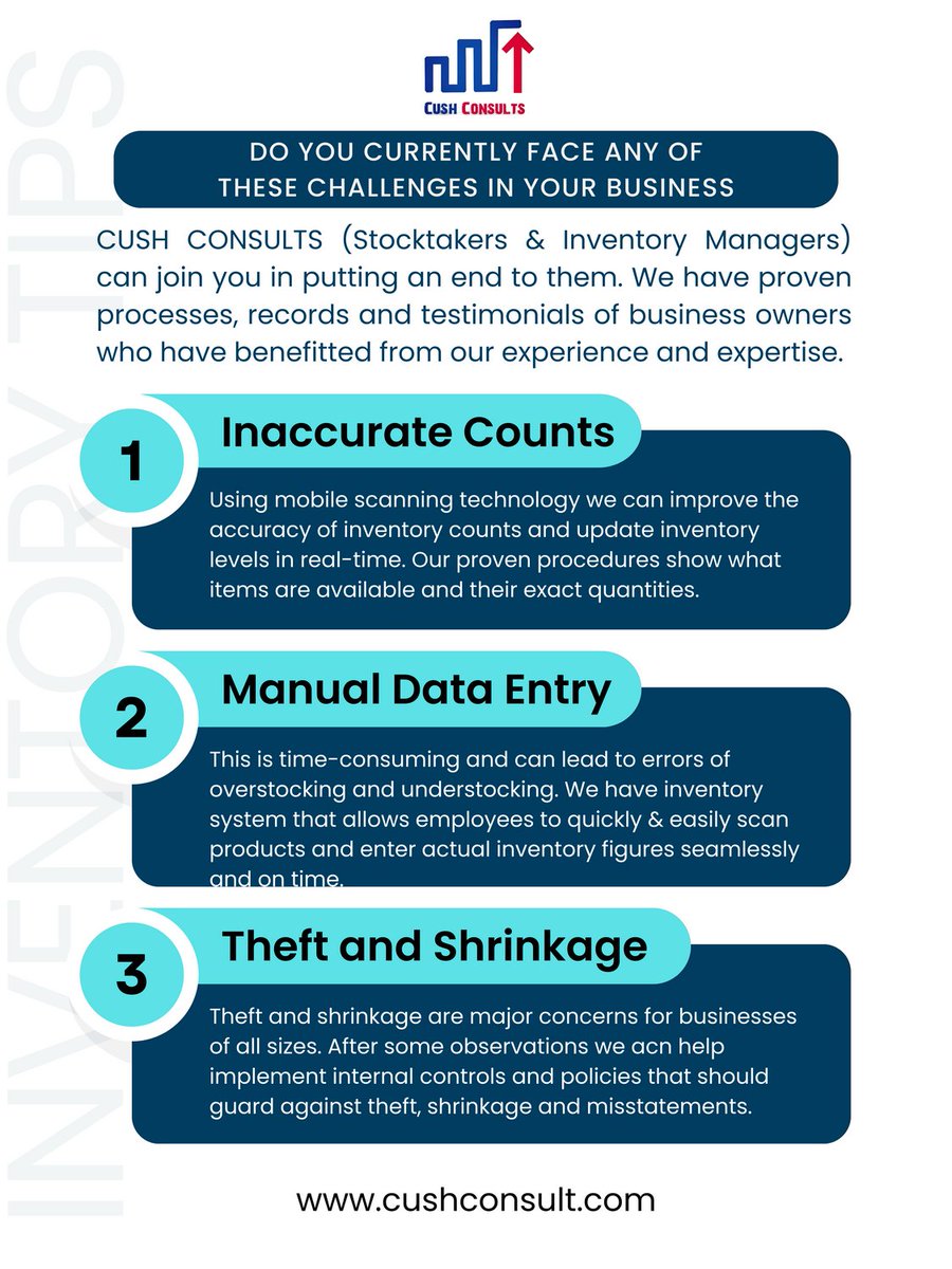 cushconsults's tweet photo. You don't have to worry about these inventory challenges anymore. With these solutions, we can help business improve their inventory management practices, reduce costs, and meet customer demands, ultimately improving customer satisfaction and increasing sales.
.
#inventorytips https://t.co/jqyBew2Xut