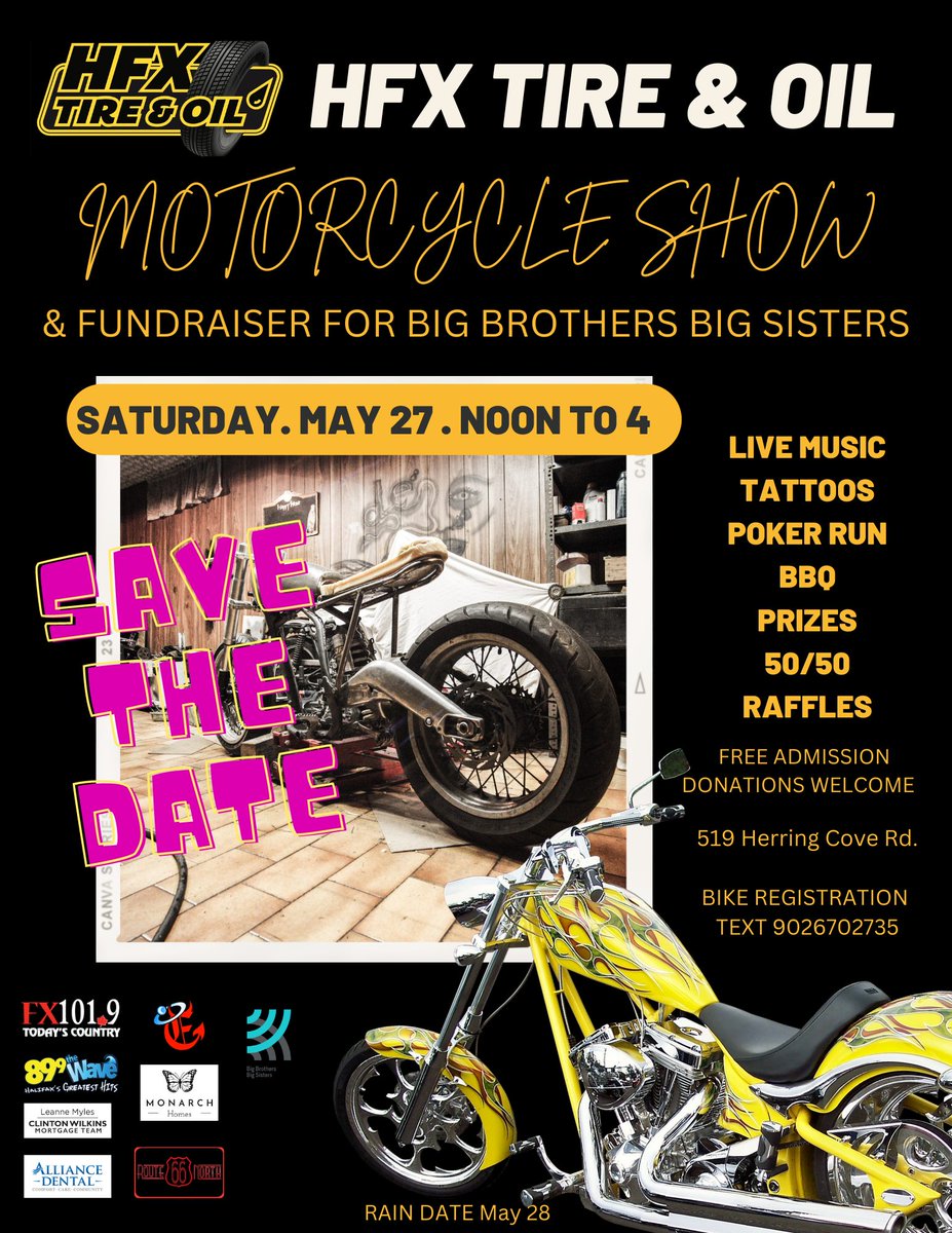 SBCHFX's tweet photo. 1st Annual HFX Tire &amp; Oil Motorcycle Show &amp; Fundraiser May 27 from 12-4. Rain date May 28th. Everyone welcome, free admission

Register your motorcycle for free by texting 902-670-2735

Join the facebook group at https://t.co/dhi3yojPFk

#SBCbiz #bigbrothersbigsisters #spryfield https://t.co/bdJcxH1eJY