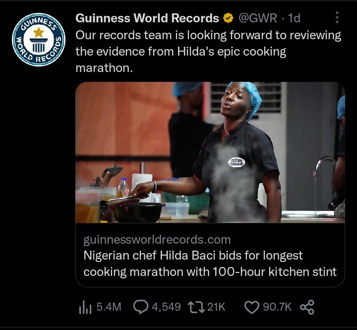 Sentihally's tweet image. Have you noticed that "Guinness World Records" has not had this much likes on their record posts for long.

In short the likes and retweet on Hilda's post is a record on its own.

Aim of the lesson: If Nigeria stand up to support you, even you will be surprised