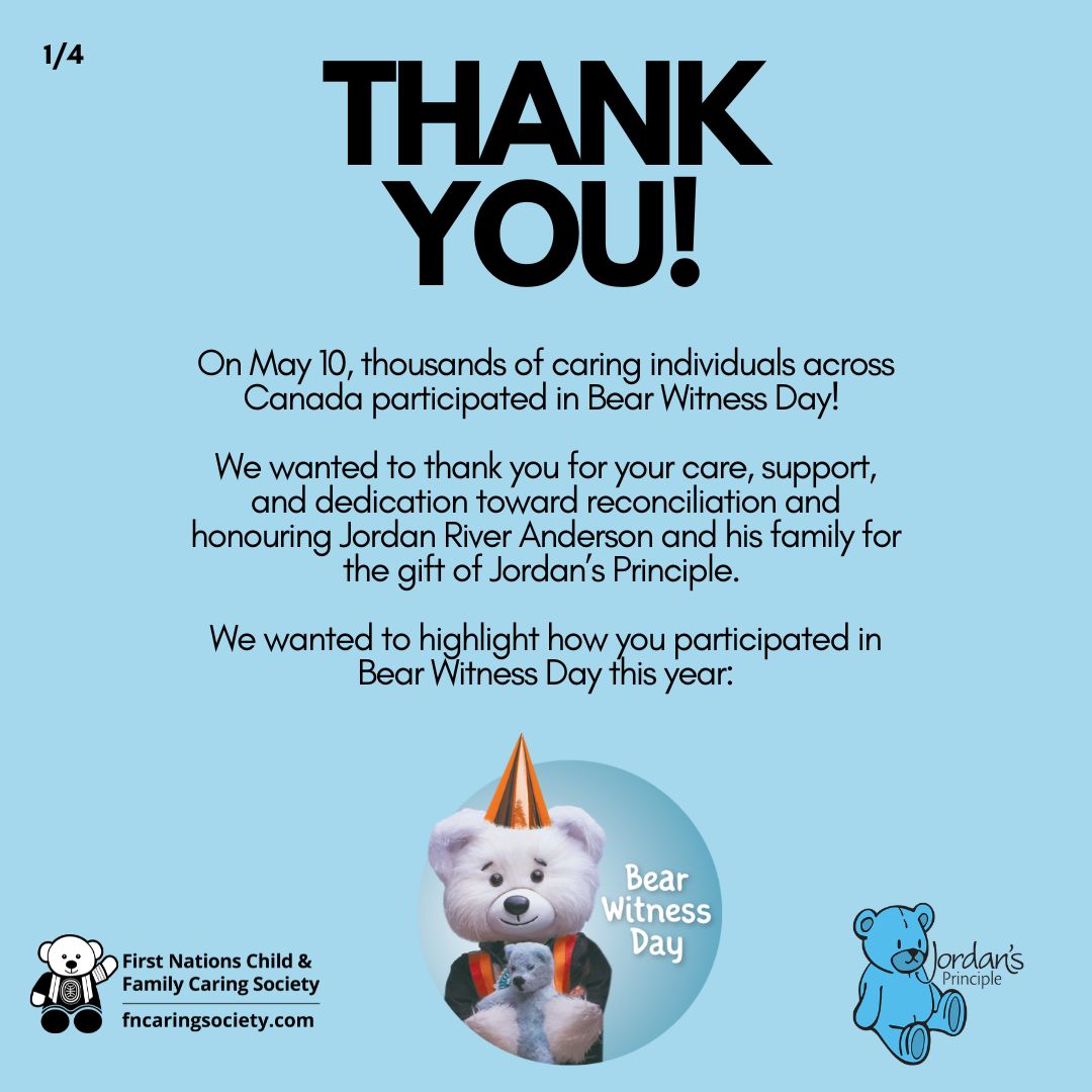 CaringSociety's tweet photo. On May 10, thousands of caring individuals across Canada participated in #BearWitnessDay! We wanted to thank you for your care, support, and dedication toward reconciliation and honouring Jordan River Anderson and his family for the gift of #JordansPrinciple. https://t.co/ZLF1bWmc39