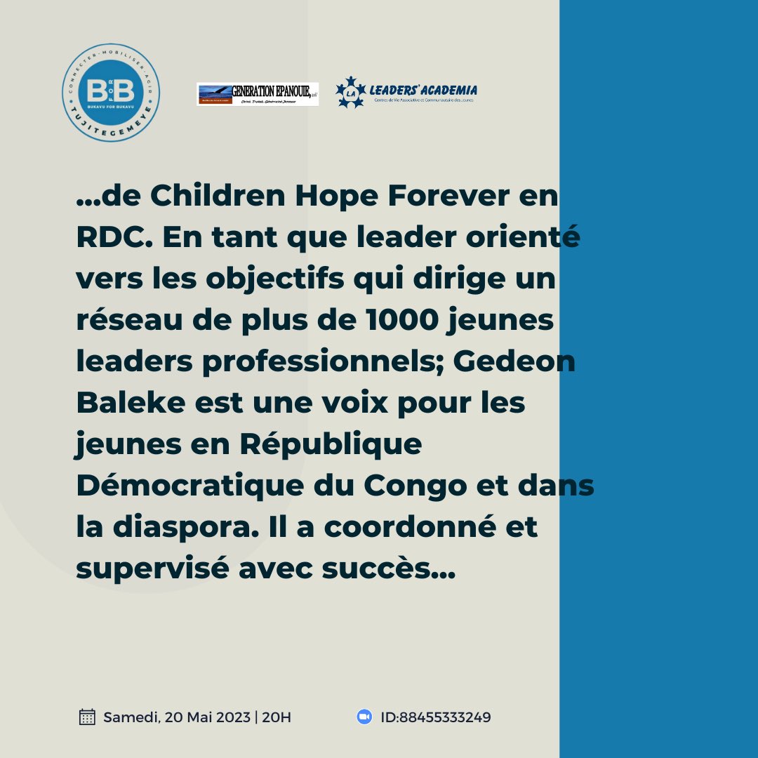 LeadersAcademia's tweet photo. #kivuYoungVoice
Qui est notre orateur ?
Monsieur Gedeon Baleke est notre orateur de la 6ieme édition Kivu Young Voice
Retrouvez le lien d'enregistrement pour cette session dans notre Bio
Rendez-vous samedi 20 Mai 2023, 20h (heure de Bukavu)
#kivuyoungvoice #paix #bforb #leaders https://t.co/wcI1tMwK97
