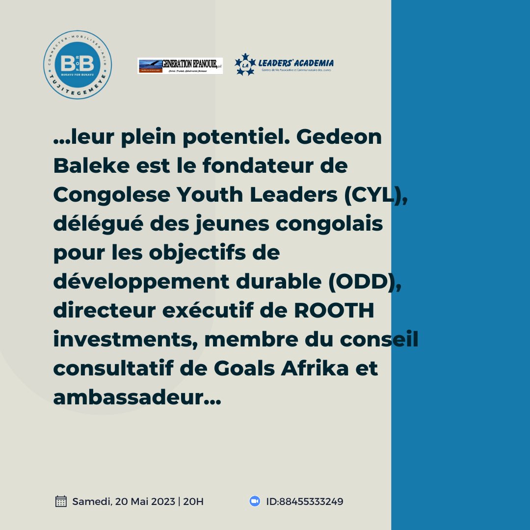 LeadersAcademia's tweet photo. #kivuYoungVoice
Qui est notre orateur ?
Monsieur Gedeon Baleke est notre orateur de la 6ieme édition Kivu Young Voice
Retrouvez le lien d'enregistrement pour cette session dans notre Bio
Rendez-vous samedi 20 Mai 2023, 20h (heure de Bukavu)
#kivuyoungvoice #paix #bforb #leaders https://t.co/wcI1tMwK97