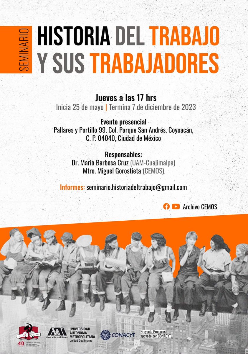 DcshUam's tweet photo. Invitadas e invitados al Seminario: Historia del trabajo y sus trabajadores.

Invita: #CEMOS y División de Ciencias Sociales y Humanidades (@uamcuajimalpa).
#SoyUAM https://t.co/qN3XmXiA7e