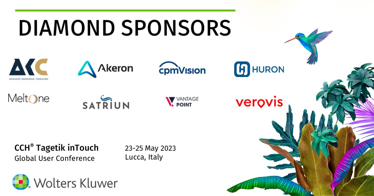 We are happy to announce our Diamond Sponsors at the CCH Tagetik inTouch 2023:  AKC, Akeron, cpmVision, Huron, MeltOne, Satriun, Vantage Point, Verovis.

Thank you for being part of this amazing event! bit.ly/3mipk86

#CCHTagetik #inTouch2023 #LeadTheChange
