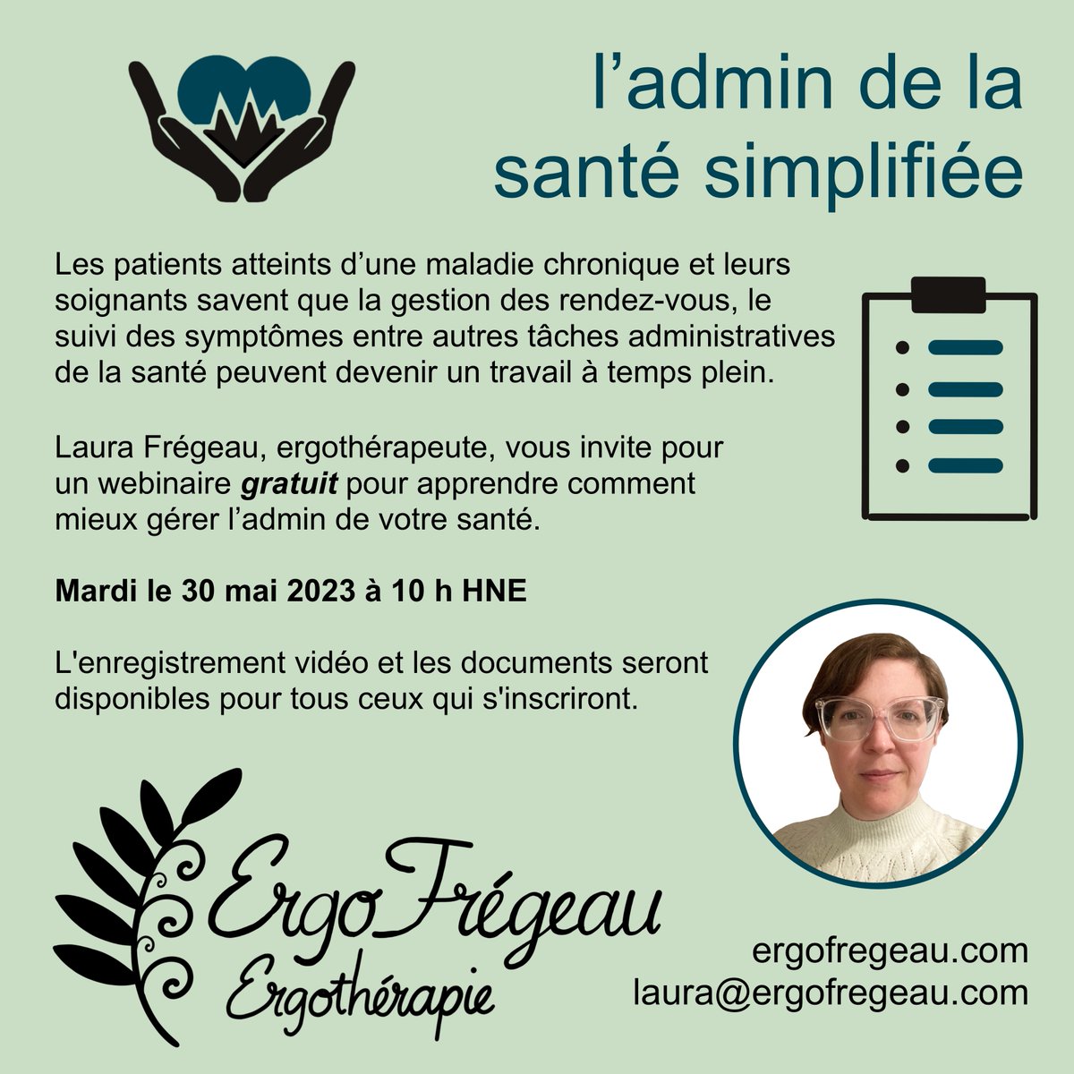 I will be hosting webinars in the coming weeks (english and french) on tips and resources to manage health admin. Register at ergofregeau.com