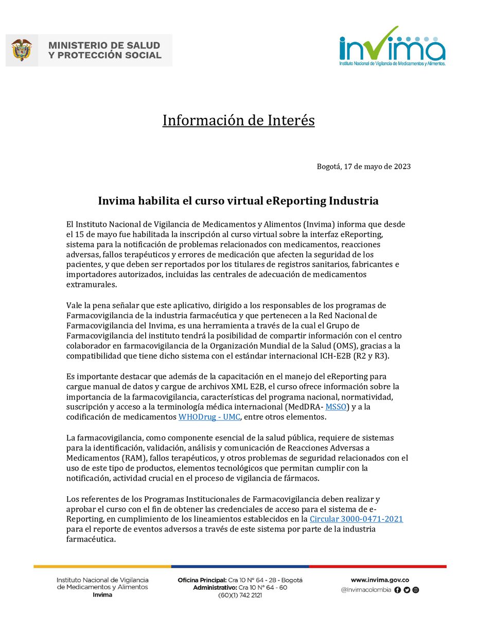 invimacolombia's tweet photo. #InvimaTeAcompaña Quienes hagan parte de la industria farmacéutica y pertenezcan a la Red Nacional de Farmacovigilancia del Invima, ya pueden inscribirse al curso virtual de "eReporting Industria".
Sigue este enlace y conoce cómo realizar tu inscripción https://t.co/Y66sFODatd https://t.co/DtU6qtKQWN