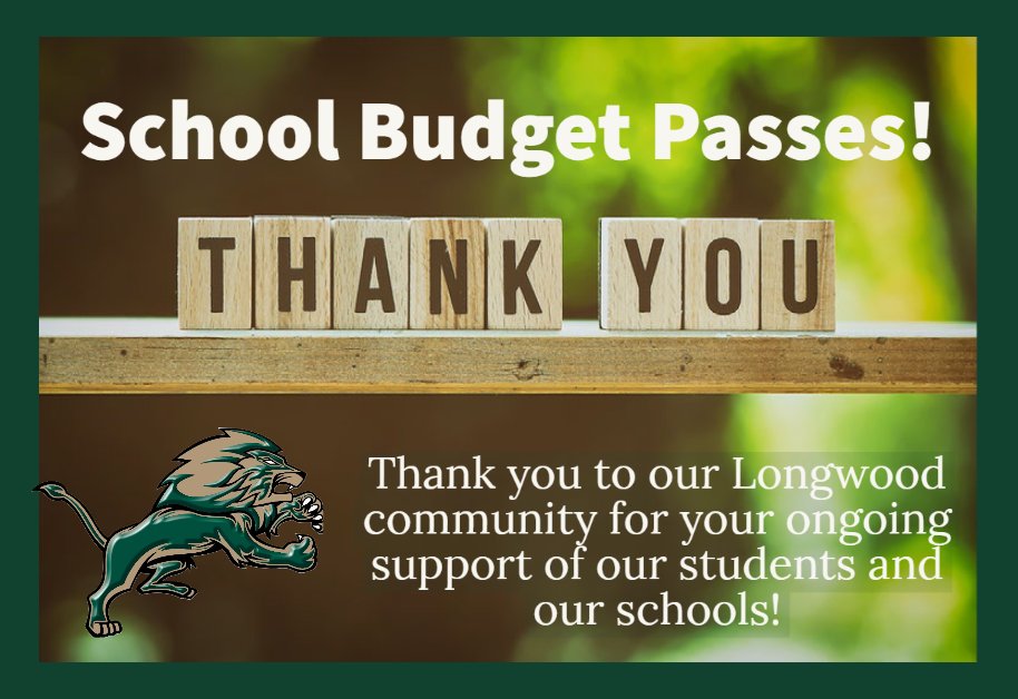LongwoodCSD's tweet photo. The LCSD Budget has passed -- Thank you to all who voted! Congratulations to newly elected trustees Gina Pozzolano Gebbia and Christina Jackson. Thank you to Board members Paul Infranco and Christina Brown for their years of dedicated service. #LCSDPride https://t.co/BWhMpMbSP4 https://t.co/09Tki4ANEu