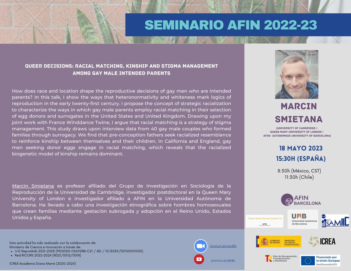 Marcin Smietana (@marcinsmietana) on Twitter photo I'll speak about strategies gay parents use in the context of racialization and stigmatization, this Thurs 18 May, 3.30 pm CET (Barcelona time), you can join on Zoom. Thank you for organising the series <a href="/AFINBarcelona/">AFIN Barcelona</a> Vane Mantilla! us02web.zoom.us/j/89624500457 <a href="/ReproSoc/">ReproSoc</a> <a href="/DrMPerrotta/">Manuela Perrotta</a> I'll speak about strategies gay parents use in the context of racialization and stigmatization, this Thurs 18 May, 3.30 pm CET (Barcelona time), you can join on Zoom. Thank you for organising the series <a href="/AFINBarcelona/">AFIN Barcelona</a> Vane Mantilla! us02web.zoom.us/j/89624500457 <a href="/ReproSoc/">ReproSoc</a> <a href="/DrMPerrotta/">Manuela Perrotta</a>