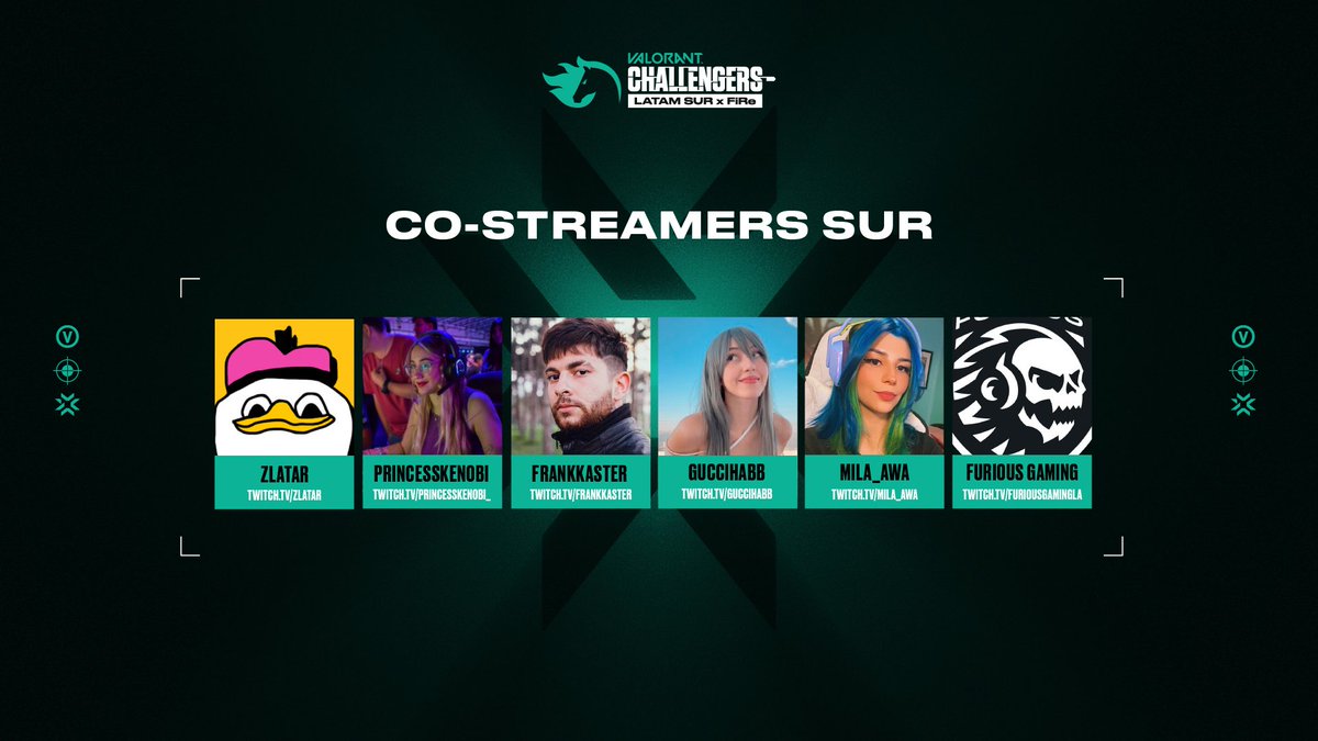 VCL_LATAM's tweet image. Viví toda la emoción de la Super Jornada de #VCLlatam Sur junto a tus co-streamers oficiales: 

📺 @TvZlatar
📺 @princesskenobi_
📺 @FrankkasterX 
📺 @guccihabb
📺 @mila_awa 
📺 @FuriousGamingLA 

Sintoniza sus canales y no te pierdas ningún momento de la Liga Challengers Sur 🤩