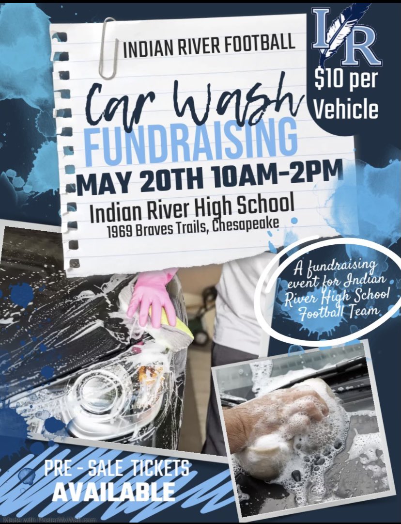 IRHSfootball's tweet photo. IR Football Car Wash
 
Saturday, May 20,2023
Indian River High School Bus Ramp

Get your PRESALE TICKET on the link below:

https://t.co/QdrcFiciGk https://t.co/7byk1ThQv8