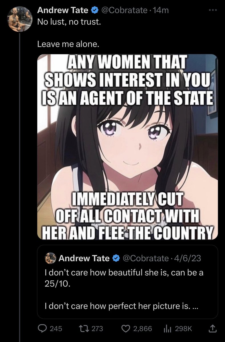 EverythingOOC's tweet photo. I'm loving Andrew Tate's anime girl phase https://t.co/MvgNoxZDcZ