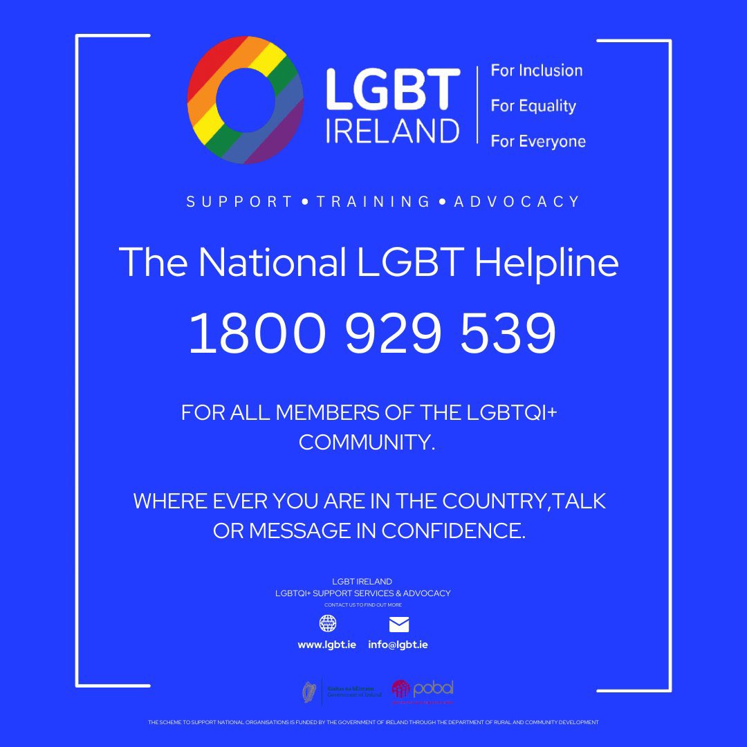 LGBT_ie's tweet photo. The LGBT+ Helpline is available 7 days a week with trained volunteers ready to listen.

Our Helpline is available :

Monday to Thursday: 6:30pm to 10:00pm
Fridays: 4:00pm to 10:00pm
Weekends: 4:00pm to 6:00pm https://t.co/HaLLdW9ggm