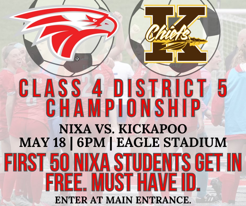 nixaathletics's tweet photo. 🚨 ATTENTION NIXA STUDENTS! 🚨

⚽️🎟️ The first 5️⃣0️⃣ 50 students will get in FREE for tomorrow's @Nixa_Soccer district championship game vs. Kickapoo. 🎟️⚽️

Students must have their ID present to receive free admission.

Come out and support. 🦅