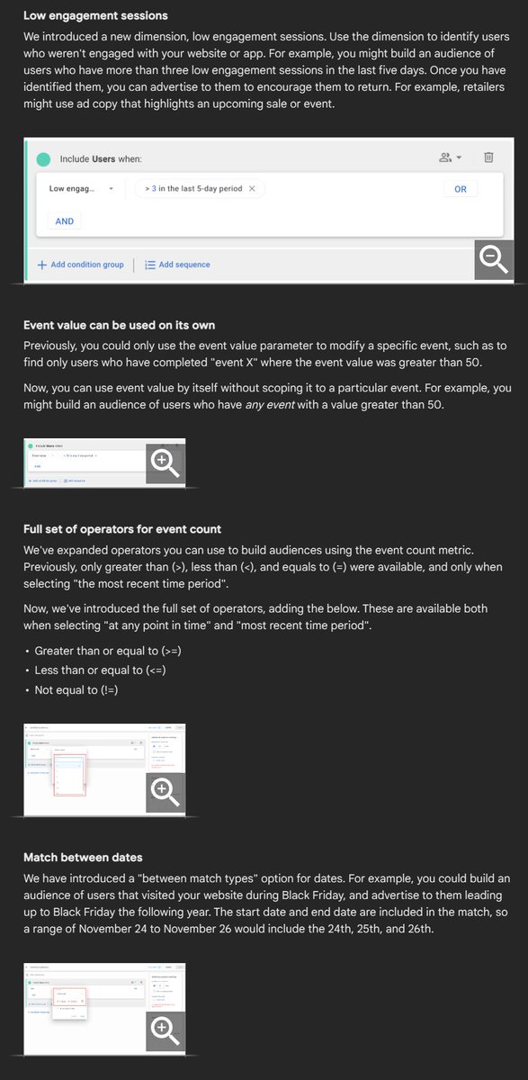 Significant improvements to #ga4 #googleanalytics  Audience Builder were just released!

Most importantly - item-scoped dimensions and metrics can be used in creating audiences!

Added improvements to audience operators, dates, and event values... 

Nice!