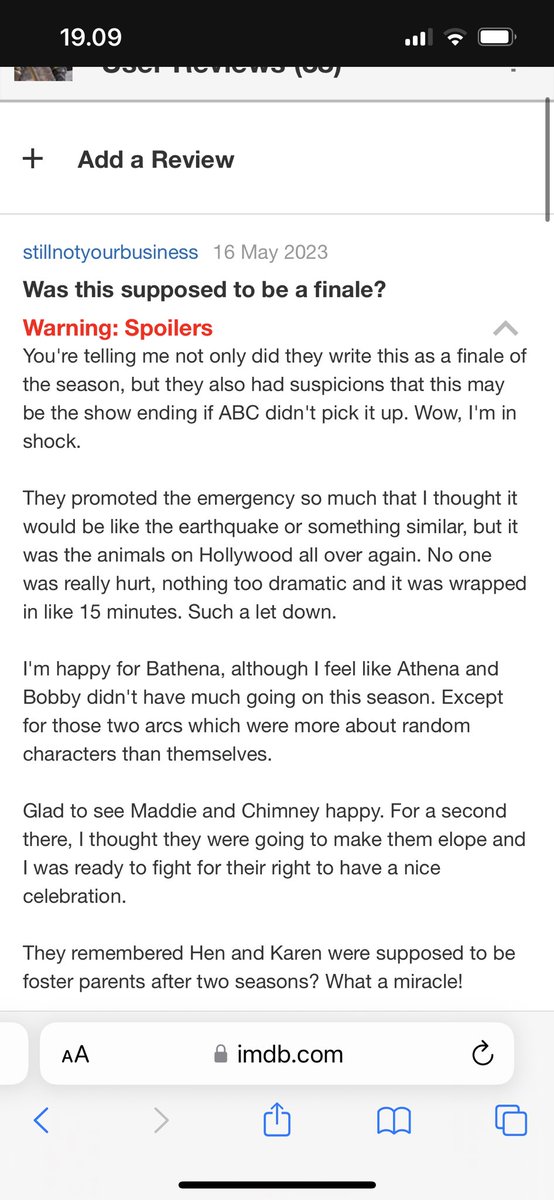 goodthingsMILLA's tweet photo. Reading 6x18 reviews on imdb are my new favorite thing. Go off Queen 🙌🏻🙌🏻🙌🏻 @ABCNetwork #911onFOX #911onABC I really hope ABC reads these reviews on the finale https://t.co/rLAT6QUrex